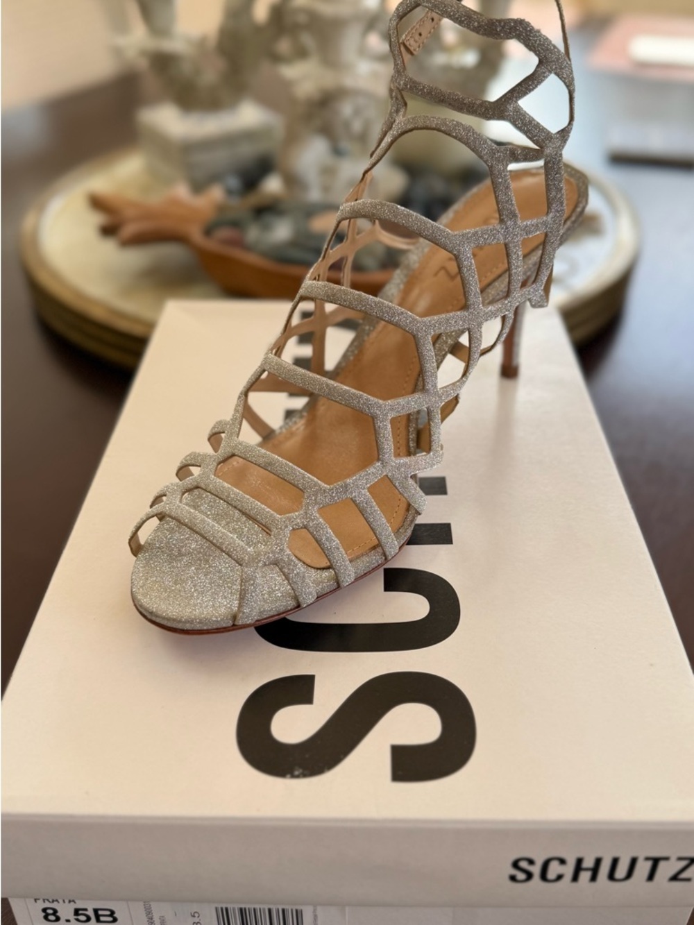 SCHUTZ Silver Glitter Cage Strappy High-Heel Sandals